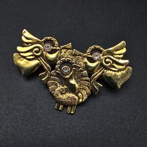 BSD Christmas Brooch Manger Angels Rhinestone Gold Tone Vintage Holiday Jewelry